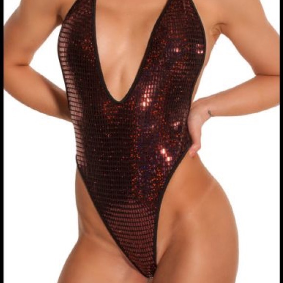 M103-HighCut HalterTop ThongBack MetallicFoil Romper. Gold Red & Black. O/S